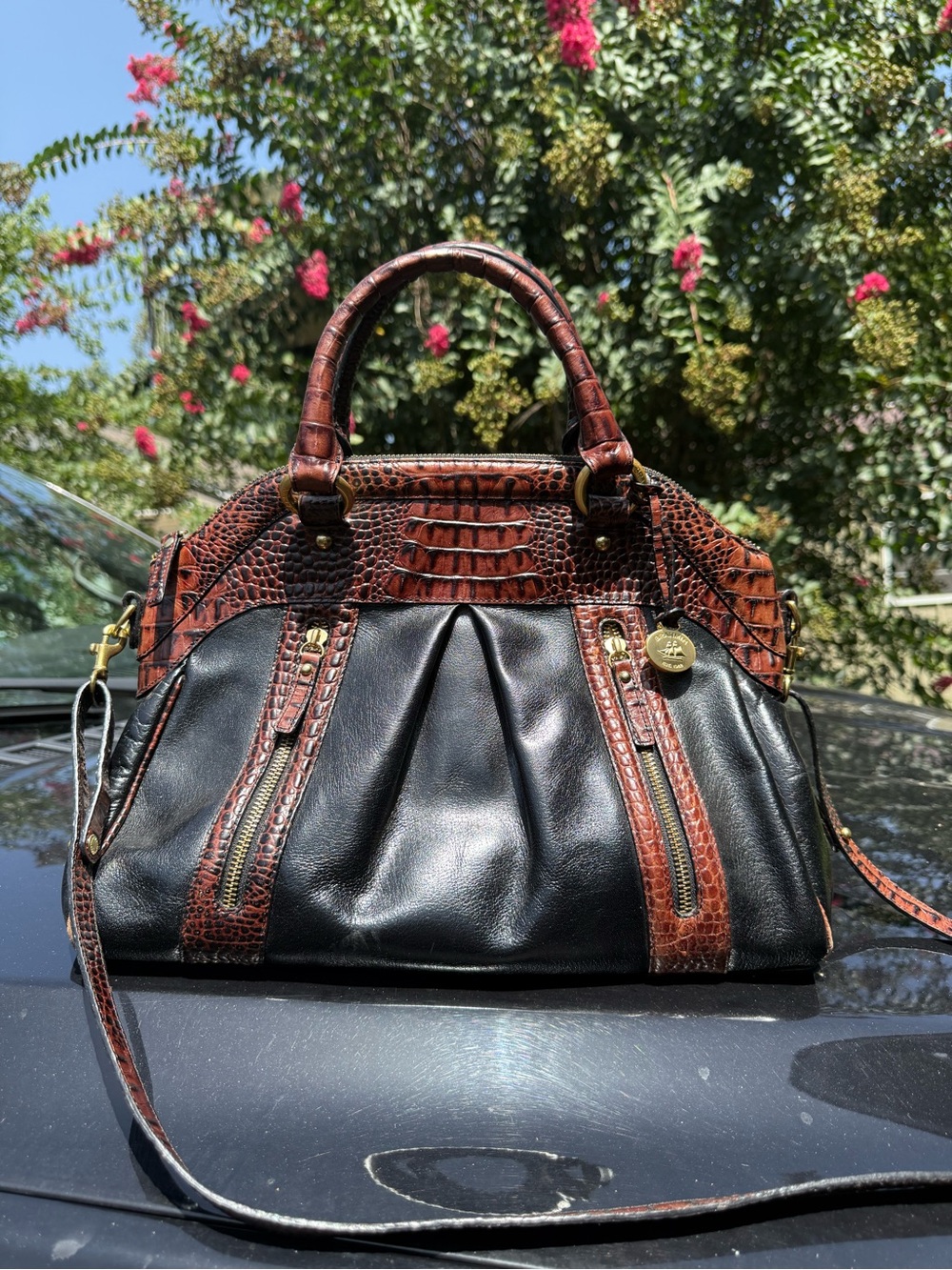 Brahmin Louise Rose Satchel Black & Pecan Croc Embossed Leather – Retired